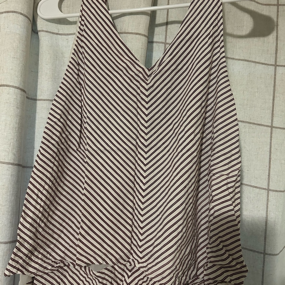 LOFT Burgundy and White Striped V-Neck Top